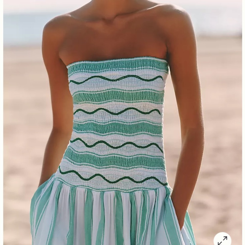New w Tag: Celandine Strapless Smocked Drop-Waist Midi Dress. Size Medium - Picture 3 of 16